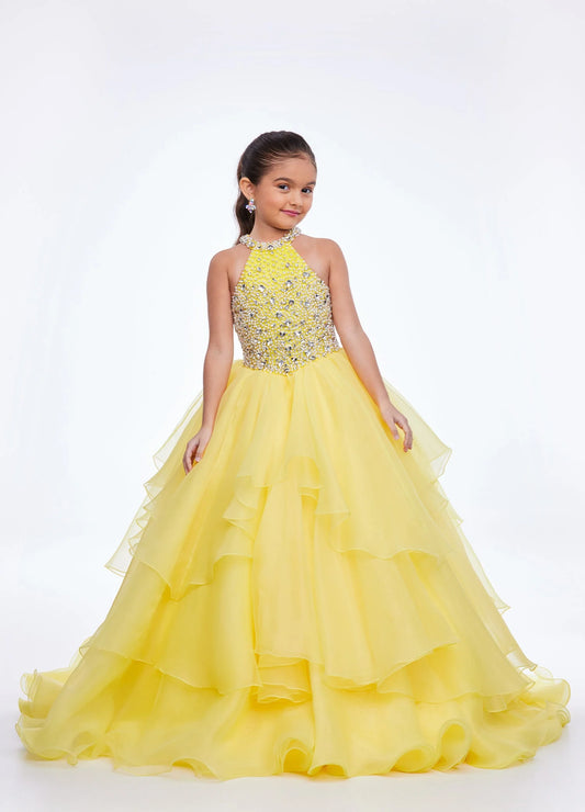 Ashley Lauren Kids 8112 Size 8 Yellow Crystal Ruffle Pageant Dress Girls Ballgown Formal