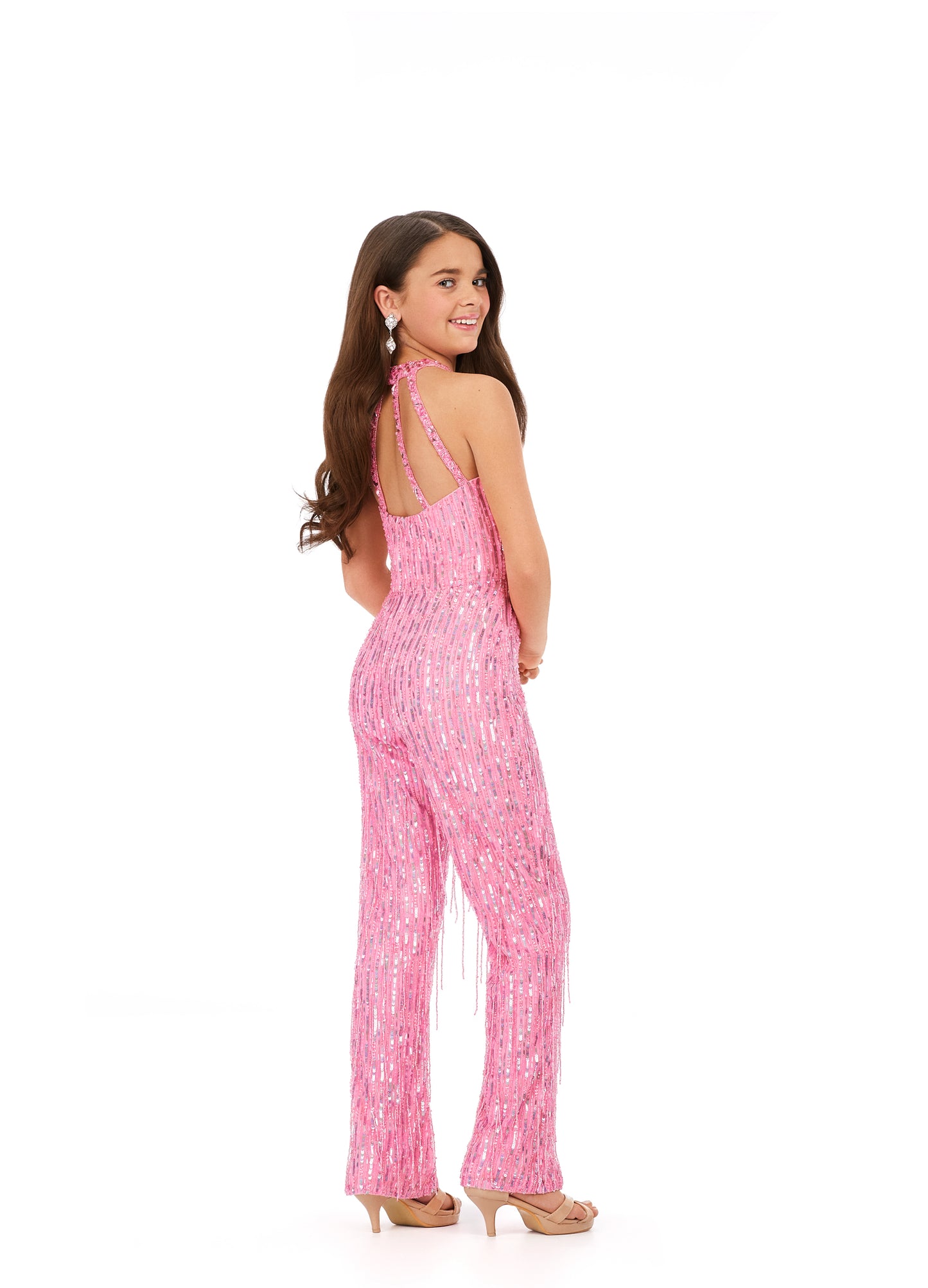 Ashley Lauren Kids 8194 Fully Beaded Halter Top Fringe Jumpsuit. A jumpsuit ready for the runway! This halter neck fully beaded jumpsuit features fringe detailing throughout that gives the perfect amount of movement.