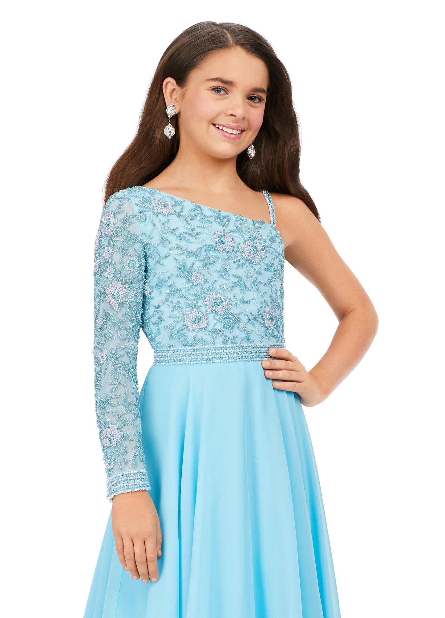 Ashley Lauren Kids 8197 One Shoulder Fully Beaded Bodice A-Line Chiffon Skirt Gown. Make all your dreams come true in this stunning one shoulder gown. With gorgeous beaded details throughout the top and a chiffon skirt, this dress is sure to WOW the crowd!