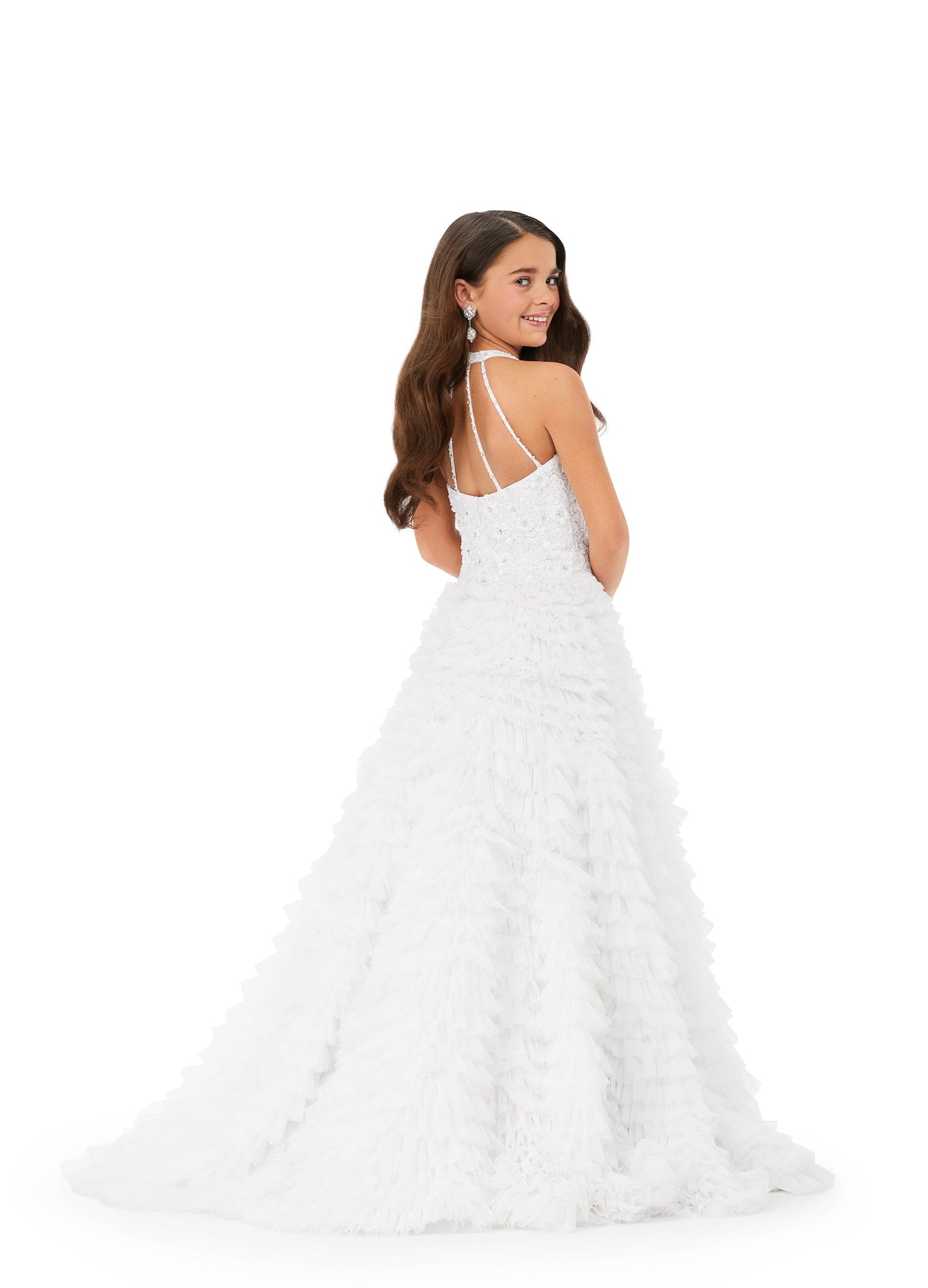 Ashley Lauren Kids 8198 Tulle Ruffles Beaded Bustier Halter Neckline Ballgown. Can you say FABULOUS?! This gorgeous gown features a beaded floral design throughout its halter top and an abundance of tulle ruffles throughout the skirt. The perfect amount of drama and sass for your little!