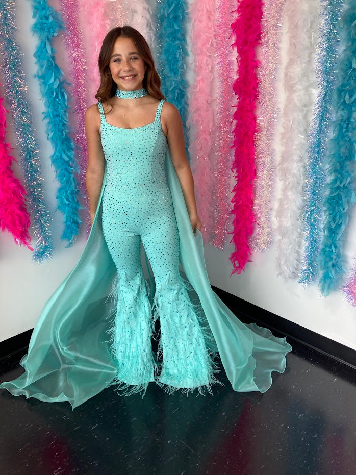 Ashley Lauren Kids 8210 Long Girls Pageant Jumpsuit with Crystal embellishements and a scoop neckline. Feather Embellished flared Bell Bottoms with a choker embellished with crystals and organza Cape.  Sizes: 4-16  Colors: Aqua, Fuchsia