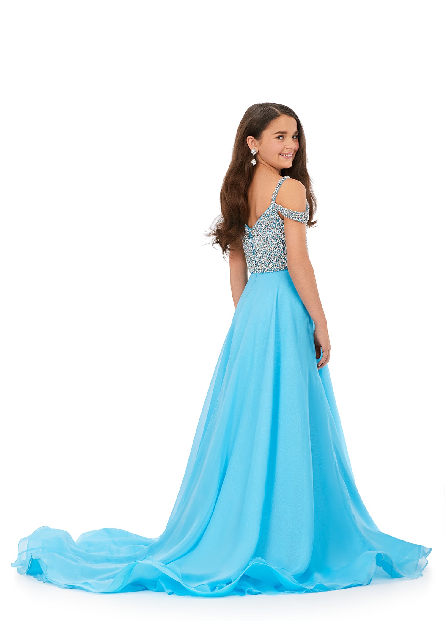 Ashley Lauren Kids 8220 Beaded Bustier A-Line Off The Shoulder Sweetheart Neckline Chiffon Gown. We are obsessed with this elegant gown! The fully beaded bodice features off shoulder straps and a fabulous, flowy chiffon skirt.