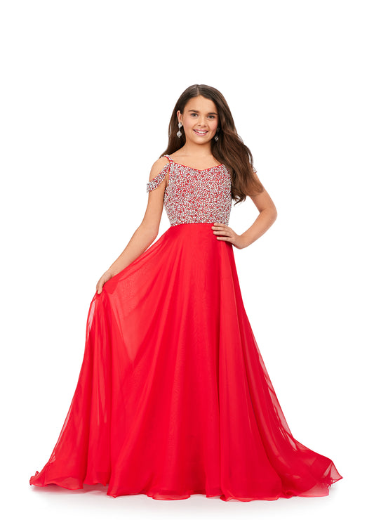 Ashley Lauren Kids 8220 Beaded Bustier A-Line Off The Shoulder Sweetheart Neckline Chiffon Gown. We are obsessed with this elegant gown! The fully beaded bodice features off shoulder straps and a fabulous, flowy chiffon skirt.