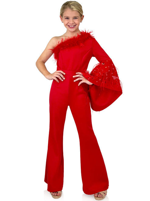 This Marc Defang 8222K Jumpsuit features a one-shoulder design with long bell sleeve and feather detailing for a sophisticated look. Crafted with a scuba fabric, this formal wear is perfect for pageants and special occasions. The slim-cut silhouette creates a stunning, head-turning look. 