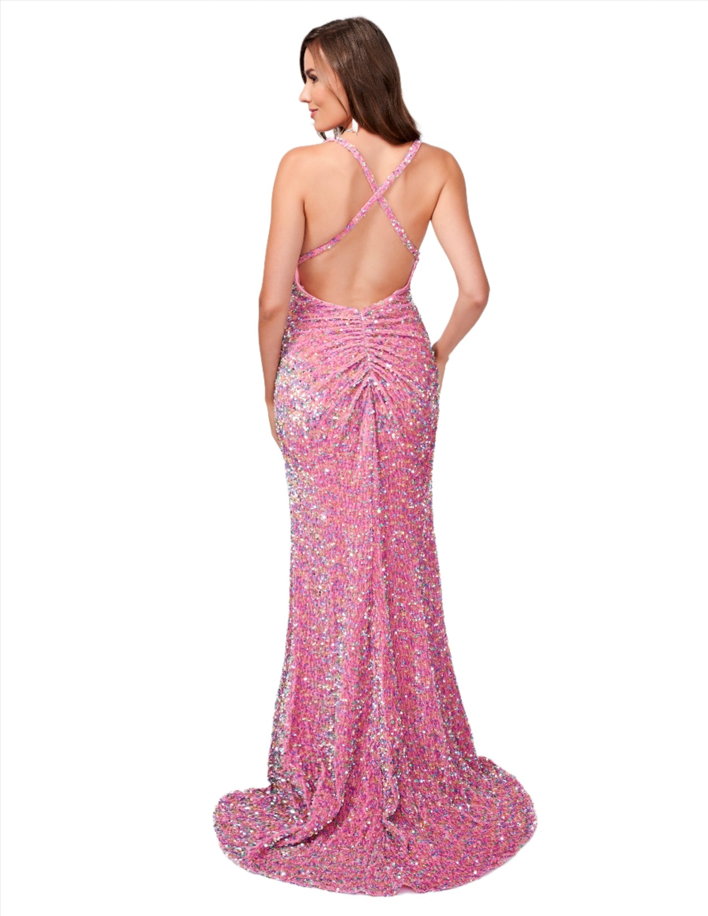 Turn heads in this stunning Nina Canacci 8233 Sequin Velvet Prom Dress. The dress features a sequin velvet bodice, ruched detailing, and a flattering maxi silhouette with a thigh-high slit. Perfect for formal evening events, this dress will make you feel confident and glamorous. Backless