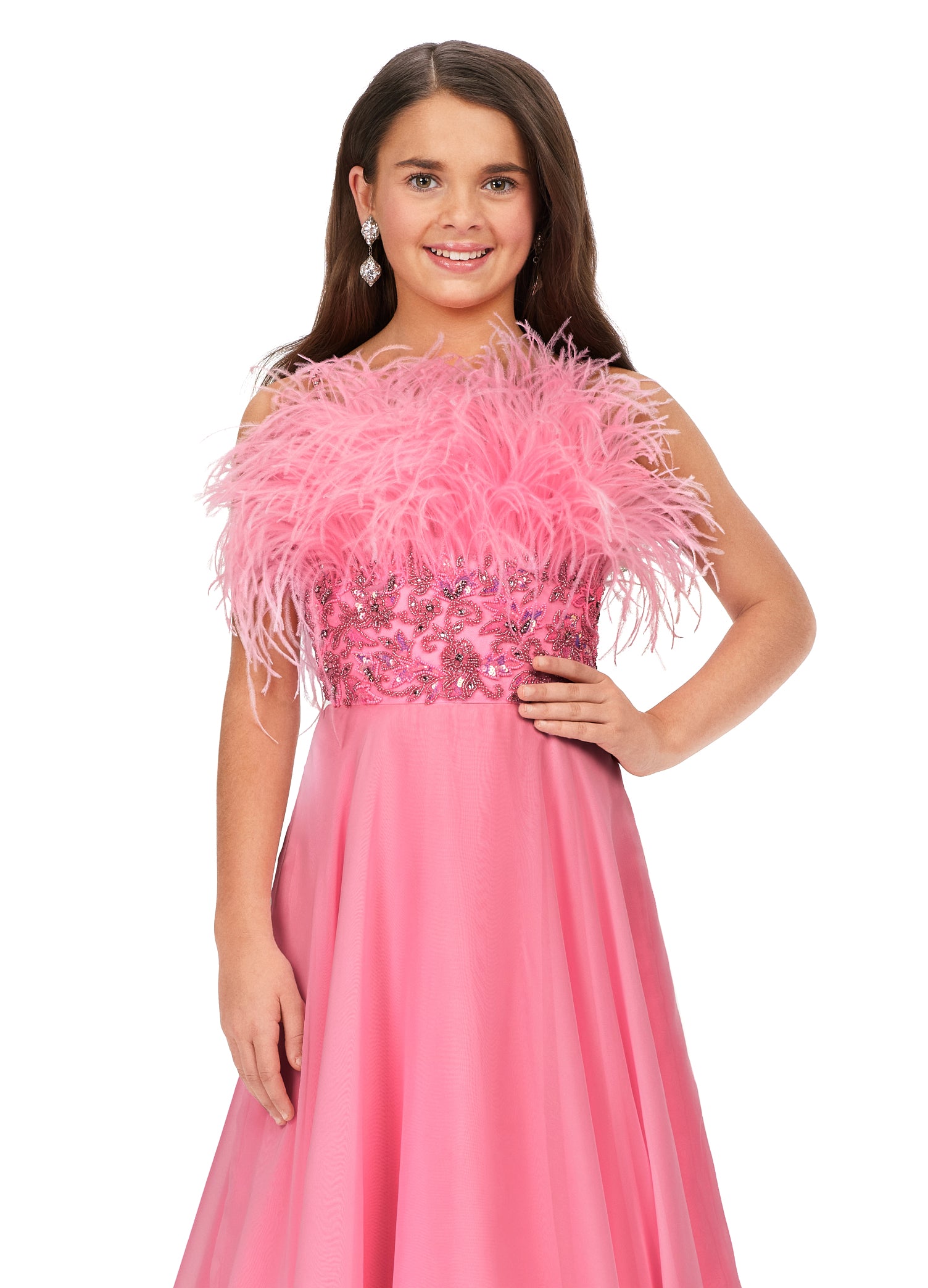 The Ashley Lauren Kids 8236 Long Girls A Line Chiffon Feather Beaded Pageant Ballgown Dress is the perfect choice for pageants. Featuring a beaded bustier and feather details, this A-Line dress with spaghetti straps is sure to stand out. Show-stoppingly beautiful.  Sizes: 4-16  Colors: Red, Ivory, Candy Pink