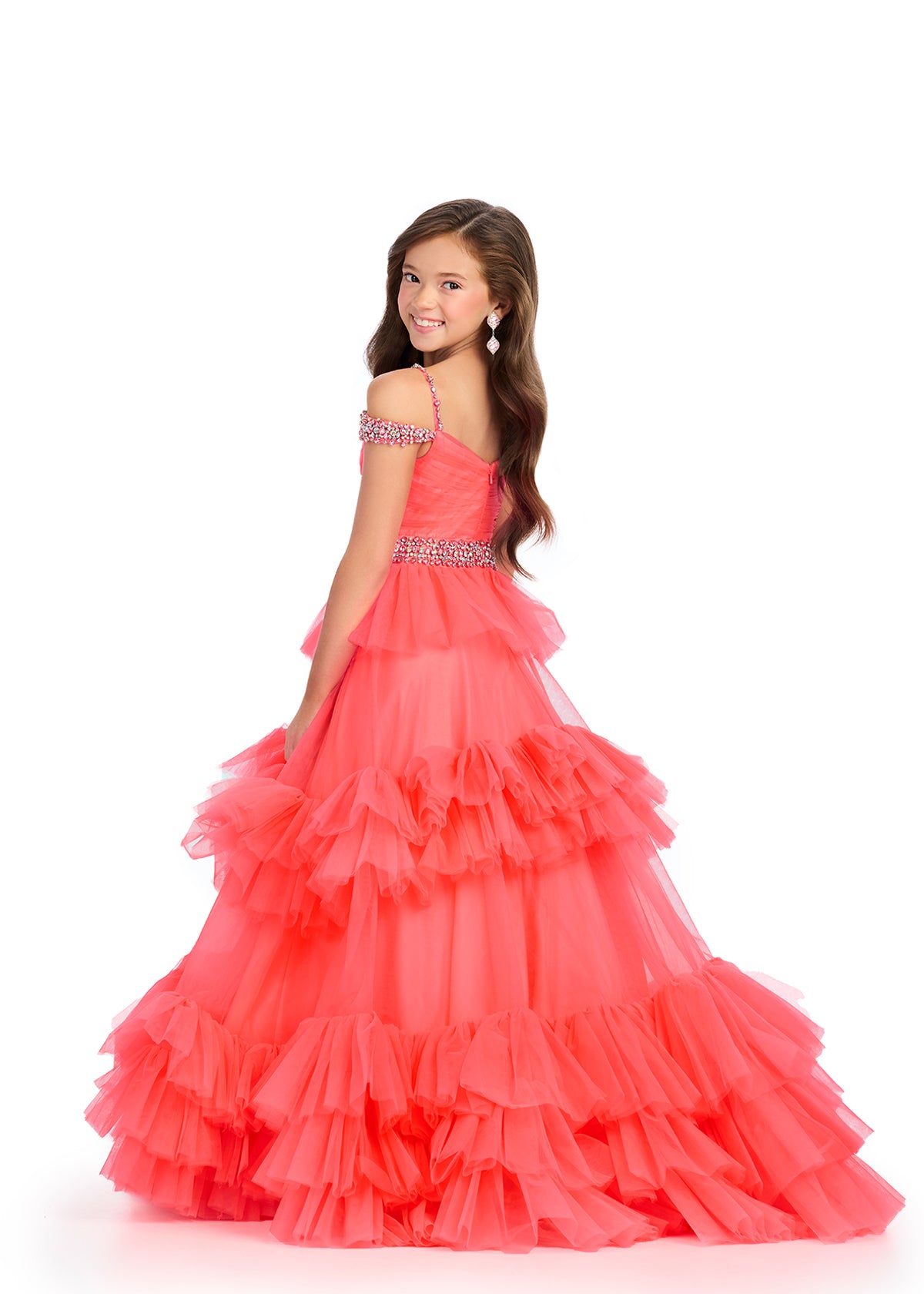 Ashley Lauren 8281&nbsp; Get ready to twirl and dance all night in this Ashley Lauren girls ruffled organza ballgown! The off-shoulder straps add a touch of elegance, while the playful ruffles make this dress truly unique. Get ready to be the belle of the ball!

Sizes: 2-16