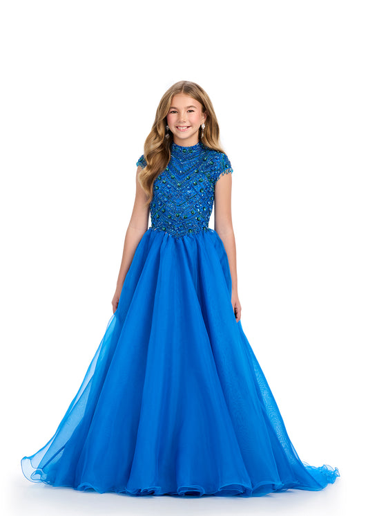 From the pageant stage to the formal event, the Ashley Lauren Kids 8296 dress will make your little girl stand out. The elegant A line design is embellished with exquisite beading and stunning fringe details, while the high neck adds a touch of sophistication. A perfect choice for any special occasion. A ball gown dream! This glamorous ball gown features a fully beaded bodice with a stunning halter neckline. Complete with an organza skirt and open back, this gown belongs in your wardrobe!

Halter Neckline
O