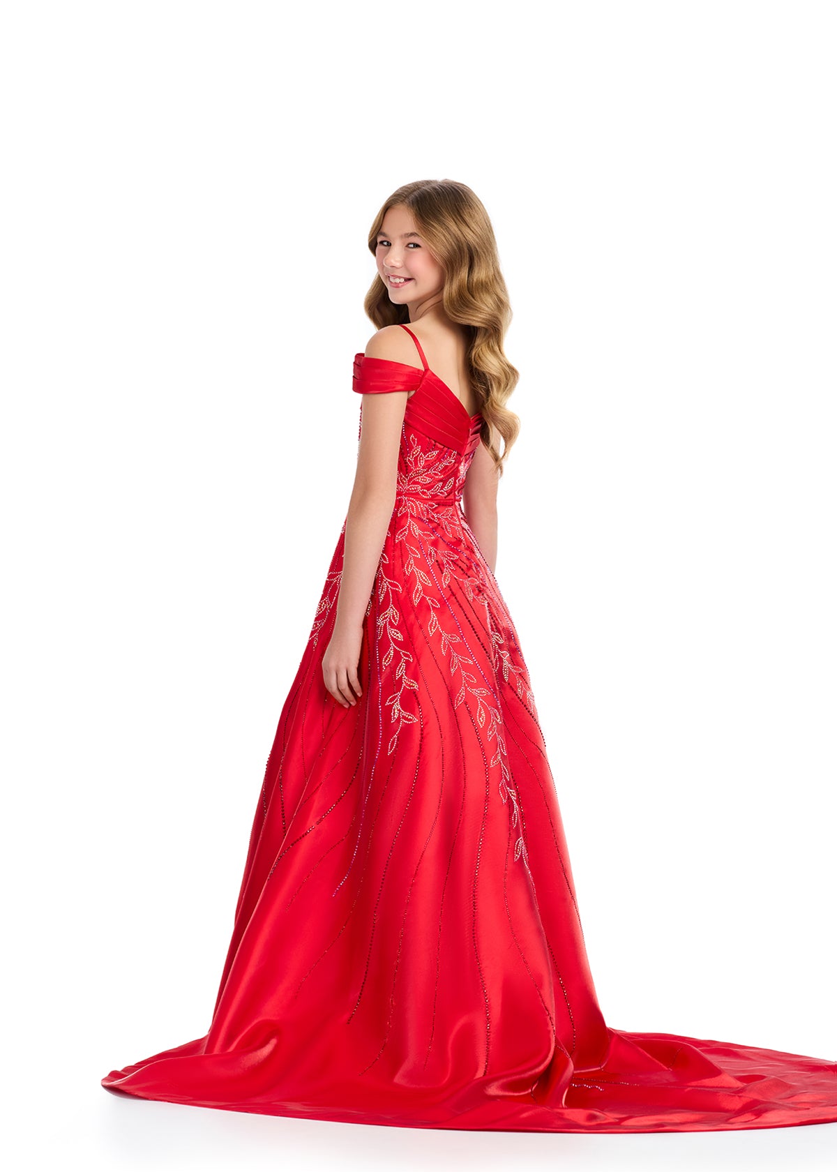 The Ashley Lauren Kids 8317 Girls Long Satin Pageant Dress is perfect for any teen ready to dazzle on stage. The off-the-shoulder design and crystal embellishments add a touch of glamour, while the luxurious satin fabric ensures comfort and style. Elevate any pageant look with this stunning gown.&nbsp;This satin off the shoulder ball gown is giving us major princess vibes. Embellished with an intricate bead pattern giving way to the stunning a-line skirt with a long fabulous train. We are obsessed!

Off Sho