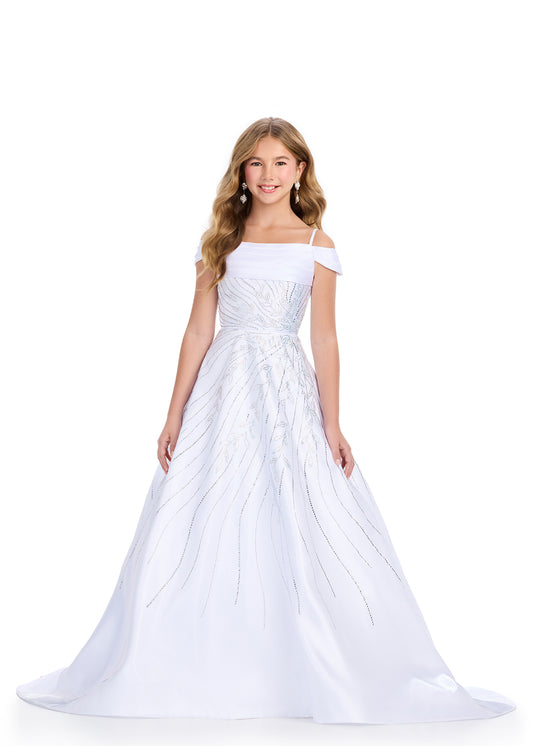 The Ashley Lauren Kids 8317 Girls Long Satin Pageant Dress is perfect for any teen ready to dazzle on stage. The off-the-shoulder design and crystal embellishments add a touch of glamour, while the luxurious satin fabric ensures comfort and style. Elevate any pageant look with this stunning gown.&nbsp;This satin off the shoulder ball gown is giving us major princess vibes. Embellished with an intricate bead pattern giving way to the stunning a-line skirt with a long fabulous train. We are obsessed!

Off Sho