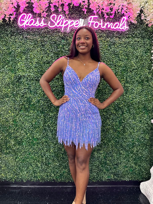 Elevate your style with the Amarra 88042 Sequin Cocktail Dress. The V neck and short, beaded fringe add a touch of glamour to any homecoming or formal event. Make a statement with this stunning and chic dress. This cocktail dress with fringe beadwork detailing features a plunging V-neckline and spaghetti straps. 