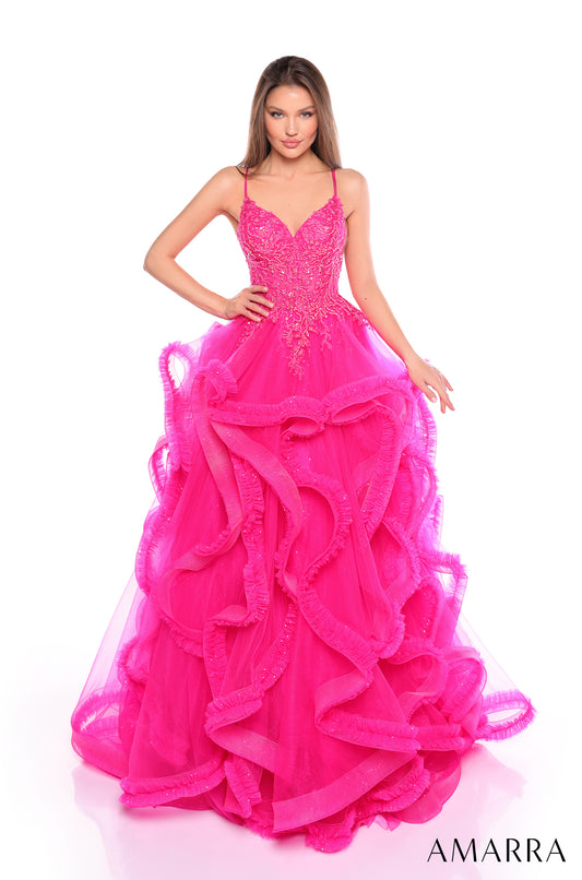 Amarra 88094 size 12 Fuchsia prom Dress ballgown fitted bodice Ruffle A Line Formal Pageant