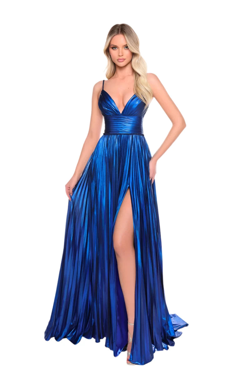 Indulge in luxury and sophistication with the Amarra 88096 Long Metallic Pleated Prom Dress. Adorned with a stunning V-neckline and a corset designed to enhance your figure, this elegant maxi dress will make you feel like a work of art. Its metallic pleated fabric and thigh-high slit add a touch of glamour to any formal evening event.