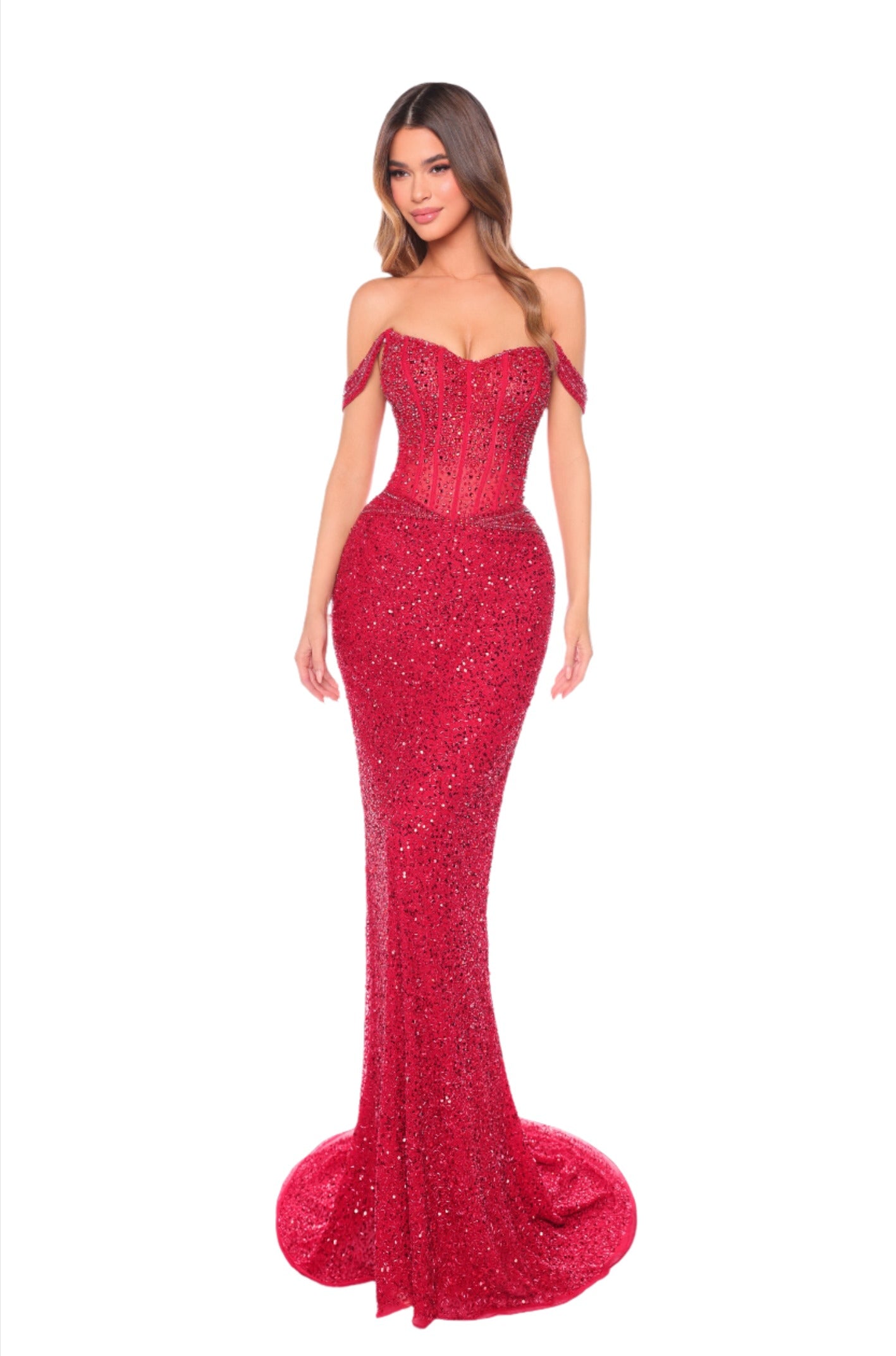 Dazzle in the Amarra 88108 long beaded corset dress. Featuring an off-the-shoulder scoop neck with intricate sequin detailing, this formal gown exudes sophistication and elegance. The corset design creates a flattering silhouette, perfect for any pageant or special event. Make a statement with this stunning dress.&nbsp;  Sizes: 000-16&nbsp;  Colors: Bright Fuchsia, Dark Nude/Silver, Gold, Peacock, Red