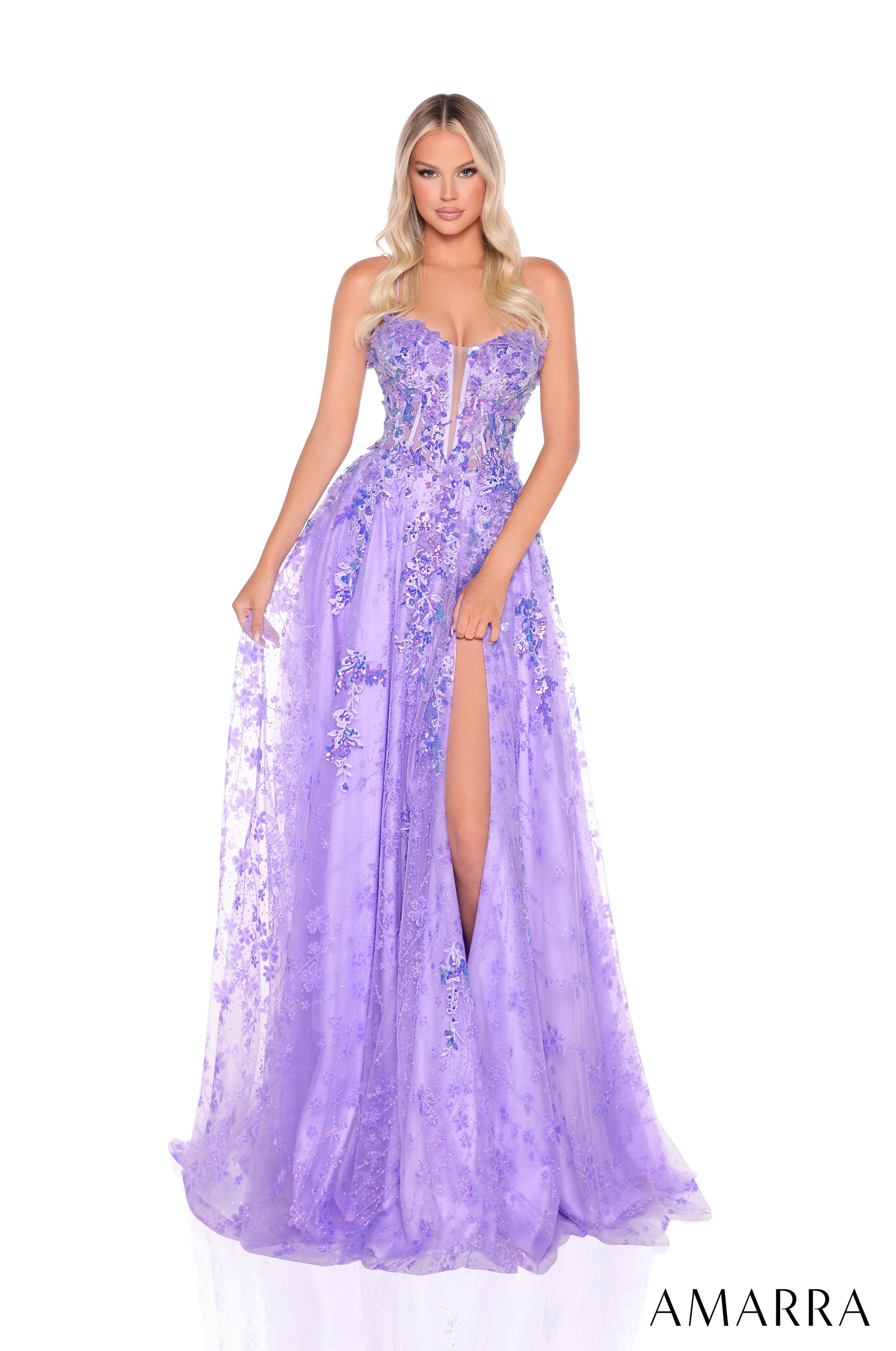 This Amarra 88315 prom dress features a sheer sequin lace corset and A-line silhouette with a thigh-high slit. Perfect for formal evening events, this gown exudes elegance and sophistication. The intricate lace detail and figure-flattering corset make for a stunning and timeless look. Turn heads in this breathtaking a-line gown, crafted from luxurious charmeuse fabric. The sleeveless design is enhanced by a lace corset bodice with a sweetheart neckline, providing a structured yet romantic fit. Adorned with 