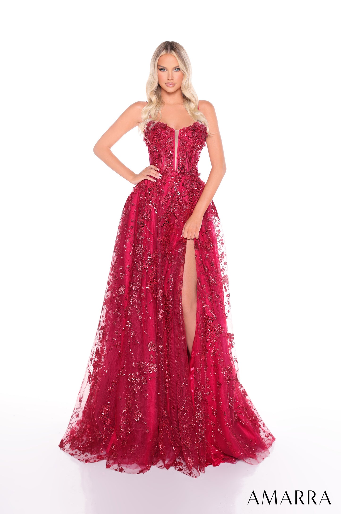 This Amarra 88315 prom dress features a sheer sequin lace corset and A-line silhouette with a thigh-high slit. Perfect for formal evening events, this gown exudes elegance and sophistication. The intricate lace detail and figure-flattering corset make for a stunning and timeless look. Turn heads in this breathtaking a-line gown, crafted from luxurious charmeuse fabric. The sleeveless design is enhanced by a lace corset bodice with a sweetheart neckline, providing a structured yet romantic fit. Adorned with 