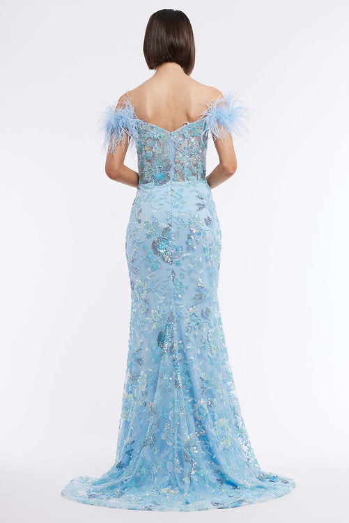 This exquisite Vienna Prom 8867 dress features a long sheer sequin corset for a modern, sophisticated look. This off the shoulder feather formal gown is embellished with intricate beading and sequins, giving it a glamorous feel perfect for a pageant or other special event. A timelessly elegant option for any wardrobe.  Sizes: 00-16  Colors: Blue, Green, Pink, Purple