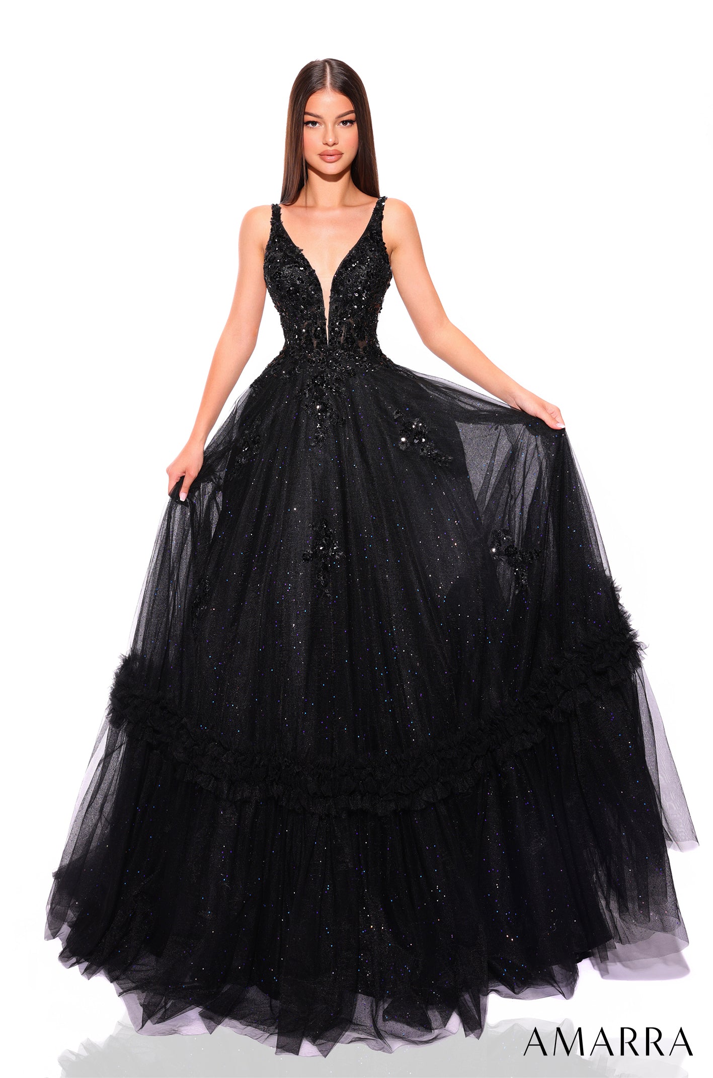 Elevate your formal look with the Amarra 88744 Long Shimmer Ballgown. This stunning dress features intricate sheer sequin detailing and a ruffled tulle A-line skirt that exudes elegance. Perfect for prom or any special occasion, this dress will make you stand out in style. Behold the exquisite prom dress that embodies a floral fantasy and stands as a true work of art.