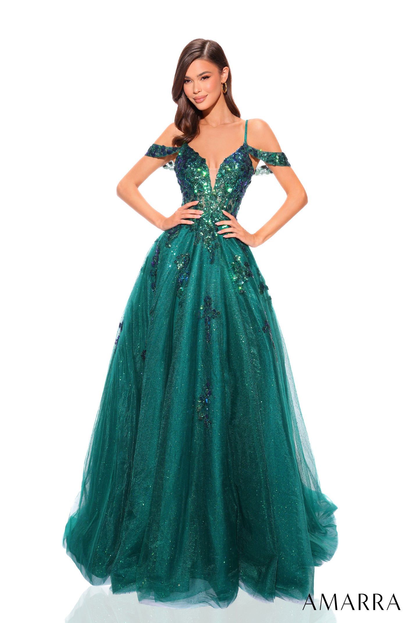 Be the center of attention in this stunning Amarra 88875 Long Shimmer Sequin Ballgown. The off the shoulder design and sheer corset add a touch of elegance, while the shimmering sequins will make you shine all night long. Perfect for prom or any special occasion. Be ready to be the talk of the town for months with this breathtaking gown.