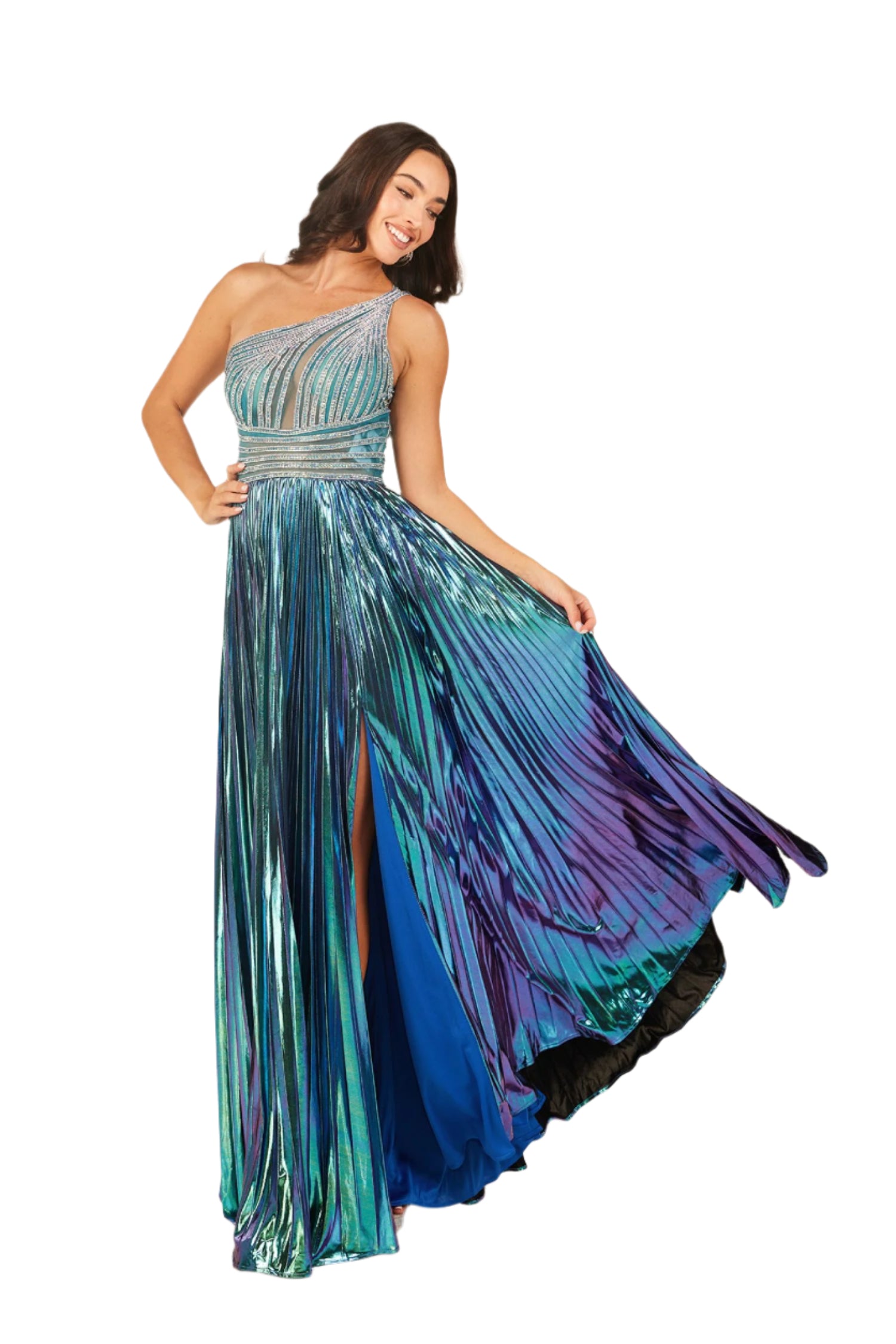 Elegant and stylish, the Abby Paris 90289 Metallic Pleated Maxi Slit Prom Dress is a must-have for any formal occasion. The one shoulder design and crystal embellishments add a touch of glamour, while the pleated skirt and side slit provide maximum comfort and effortless movement. Stand out in this stunning formal gown.

Sizes: 0-12

Colors: Teal