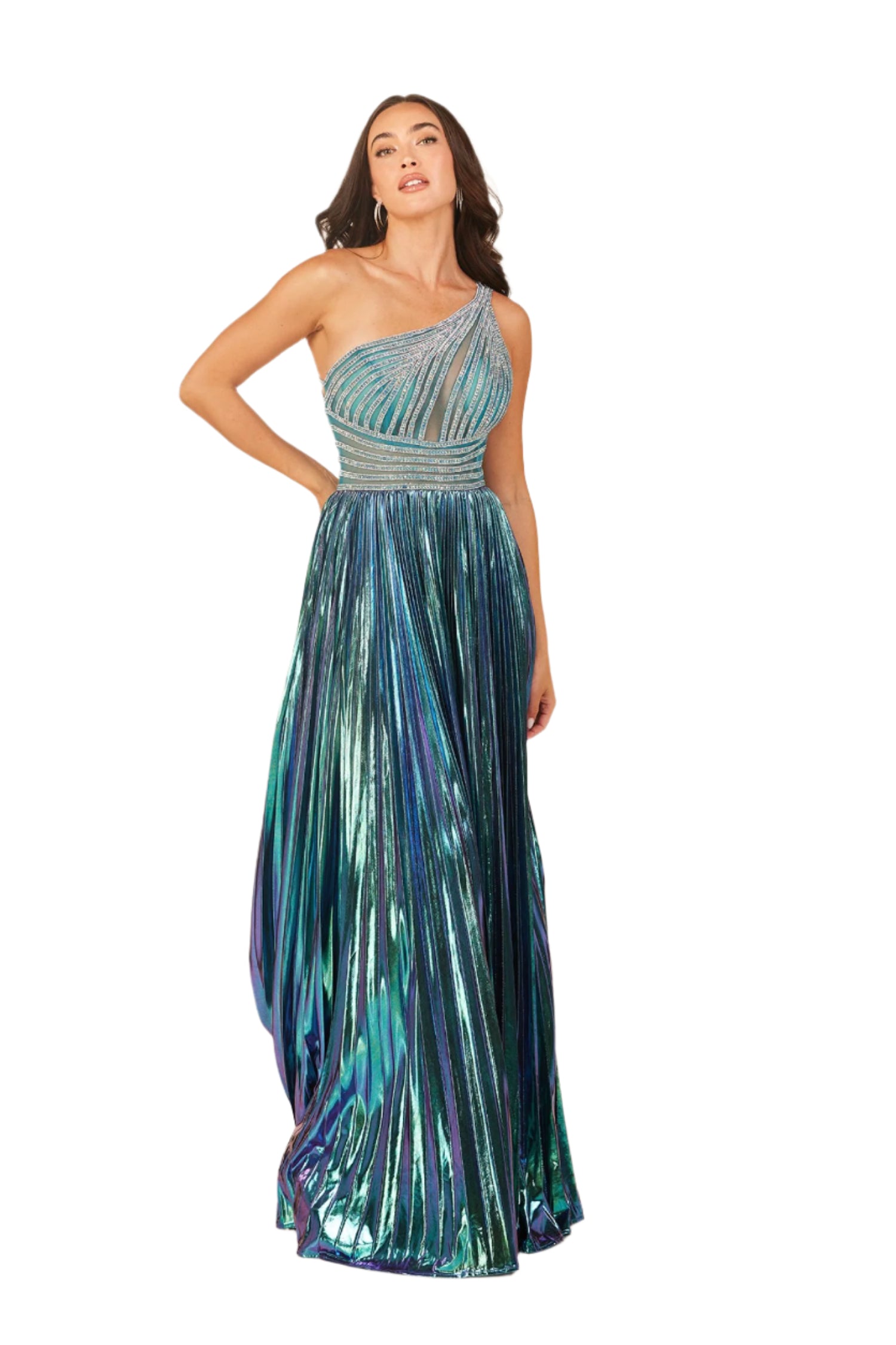 Elegant and stylish, the Abby Paris 90289 Metallic Pleated Maxi Slit Prom Dress is a must-have for any formal occasion. The one shoulder design and crystal embellishments add a touch of glamour, while the pleated skirt and side slit provide maximum comfort and effortless movement. Stand out in this stunning formal gown.

Sizes: 0-12

Colors: Teal