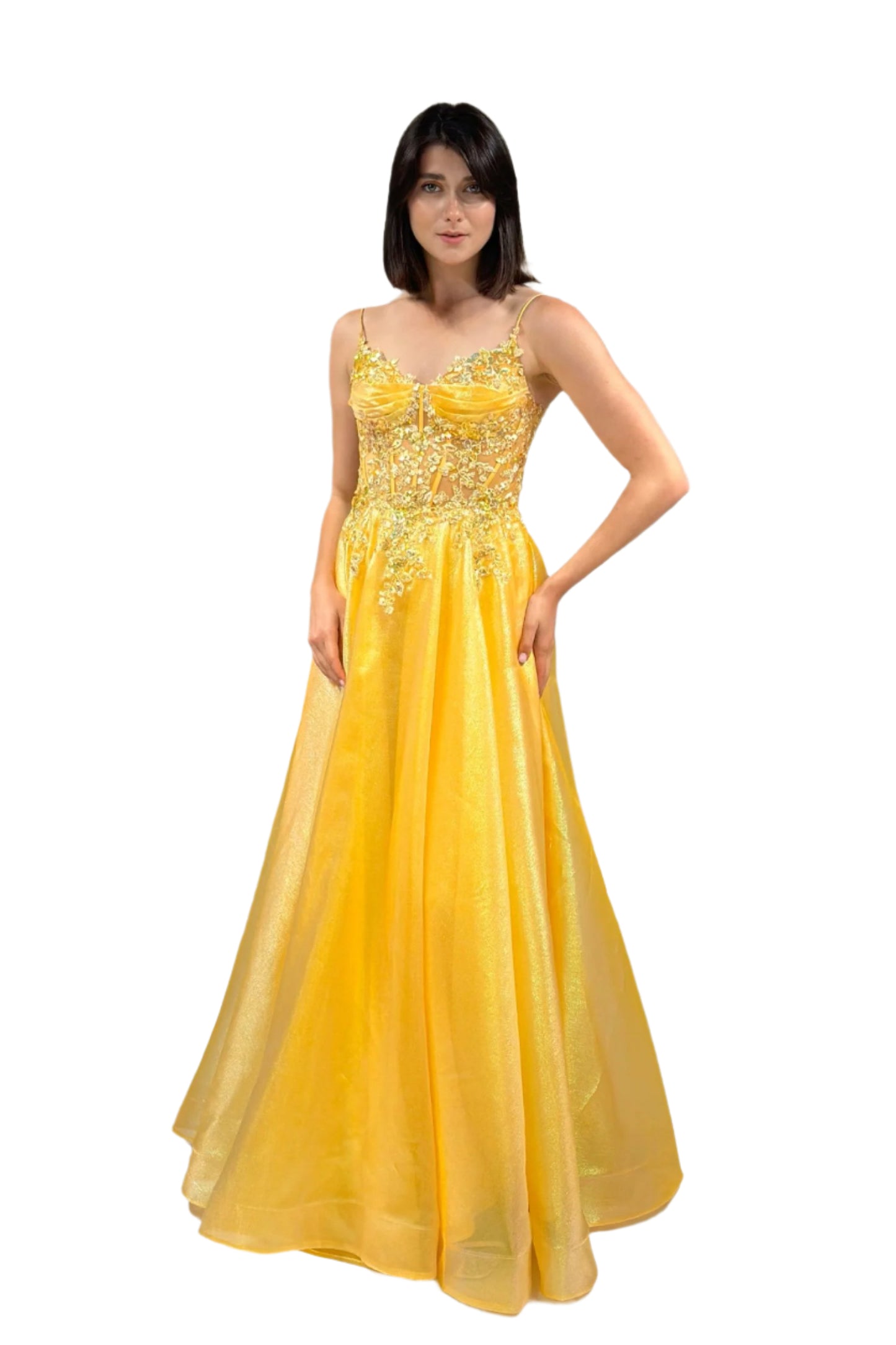 Abby Paris 90290 Size 8 Yellow Sheer Sequin Lace Corset Prom Dress Metallic A Line Formal Gown