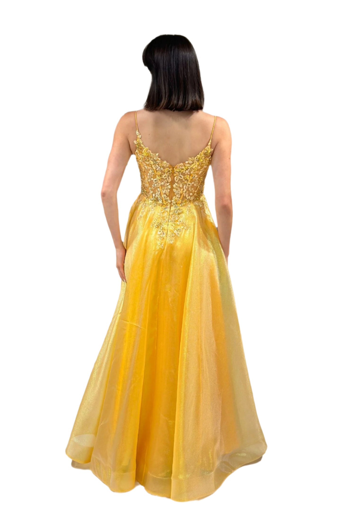 Abby Paris 90290 Size 8 Yellow Sheer Sequin Lace Corset Prom Dress Metallic A Line Formal Gown