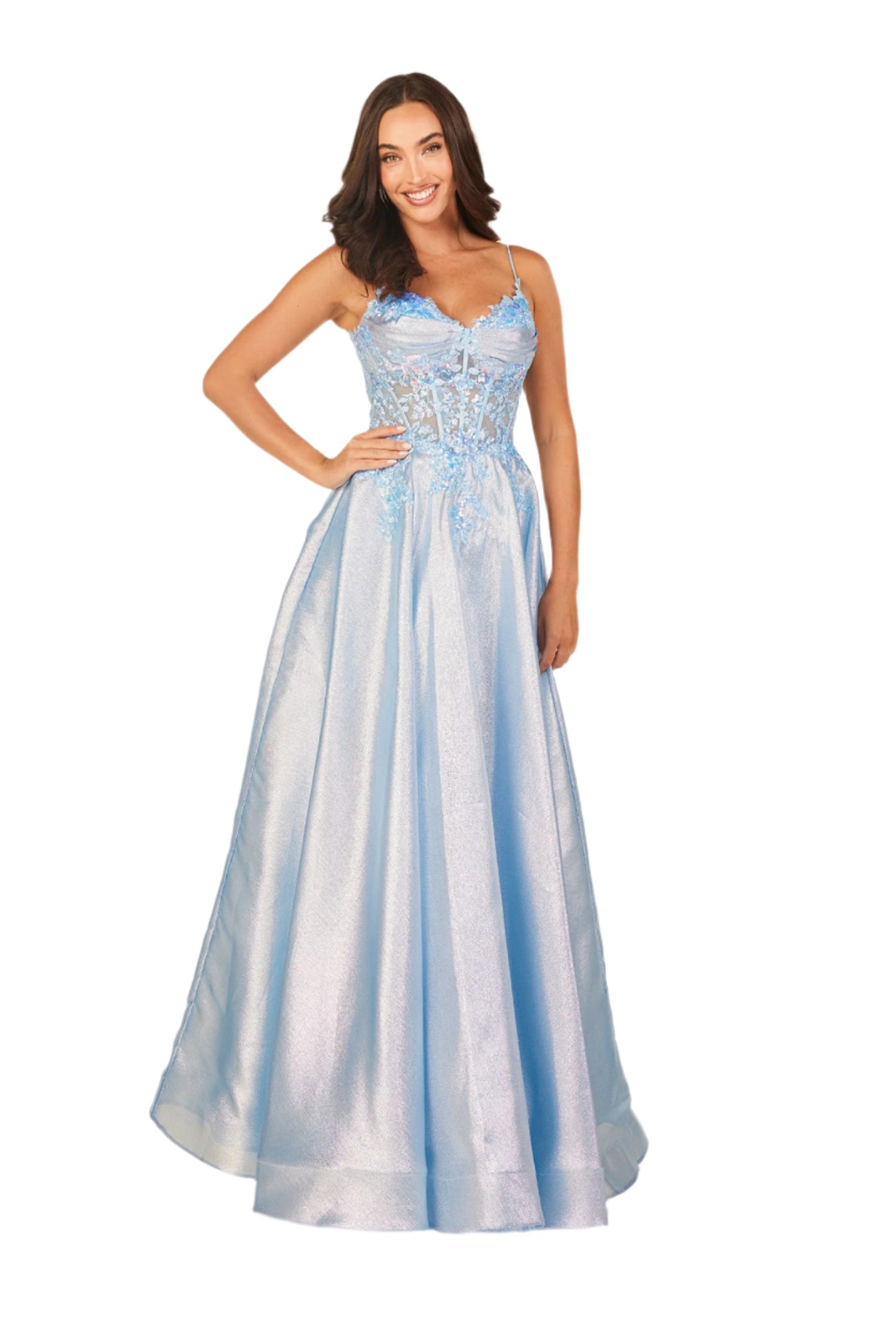 Embody elegance in the Abby Paris 90290 prom dress. Featuring a sheer sequin lace corset and metallic A-line skirt, this formal gown is perfect for special occasions. With its intricate lace detailing and flattering silhouette, you'll be sure to make a statement at your next event.

Sizes: 2-18

Colors: Blue&nbsp;