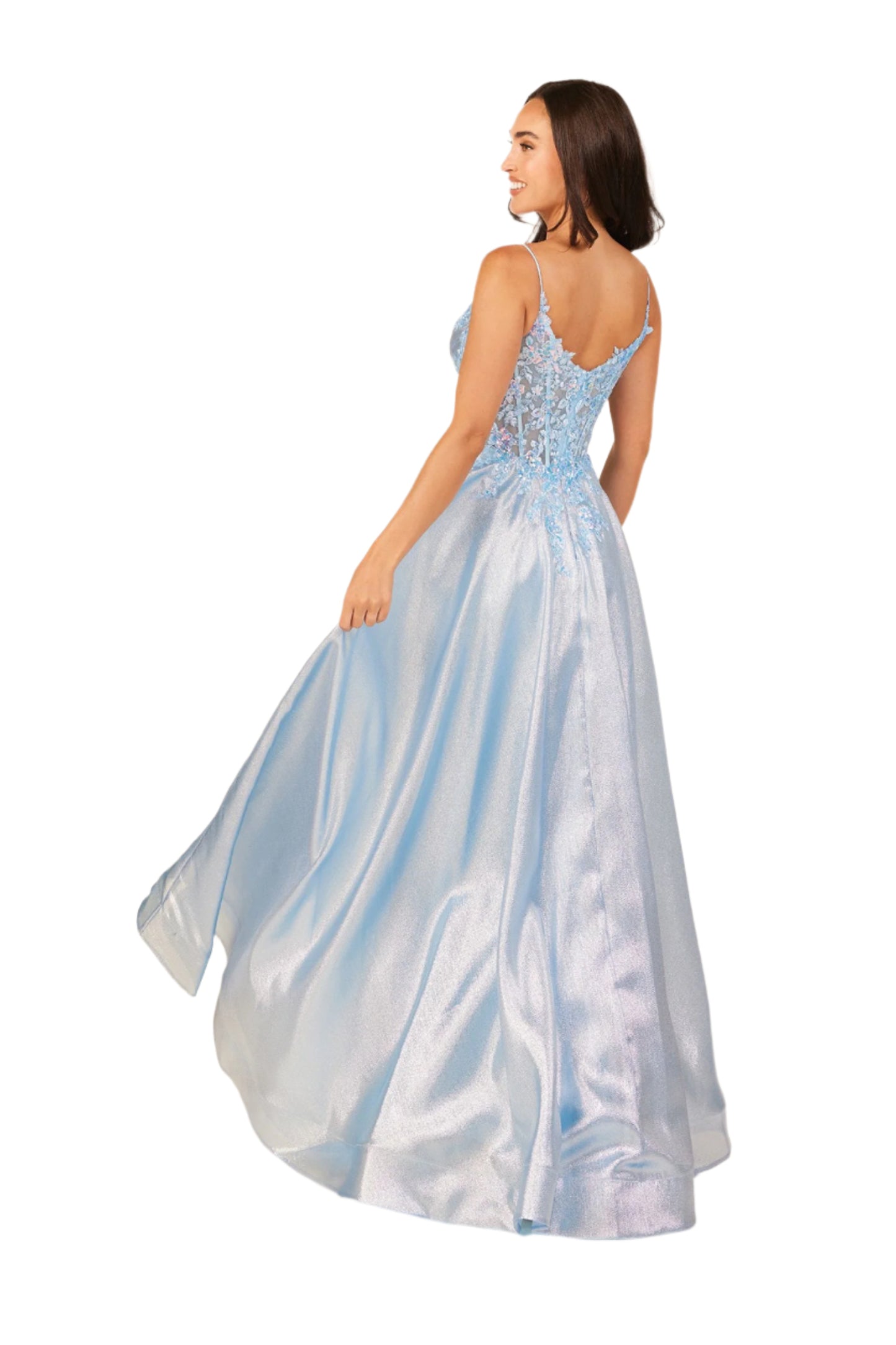 Embody elegance in the Abby Paris 90290 prom dress. Featuring a sheer sequin lace corset and metallic A-line skirt, this formal gown is perfect for special occasions. With its intricate lace detailing and flattering silhouette, you'll be sure to make a statement at your next event.

Sizes: 2-18

Colors: Blue&nbsp;