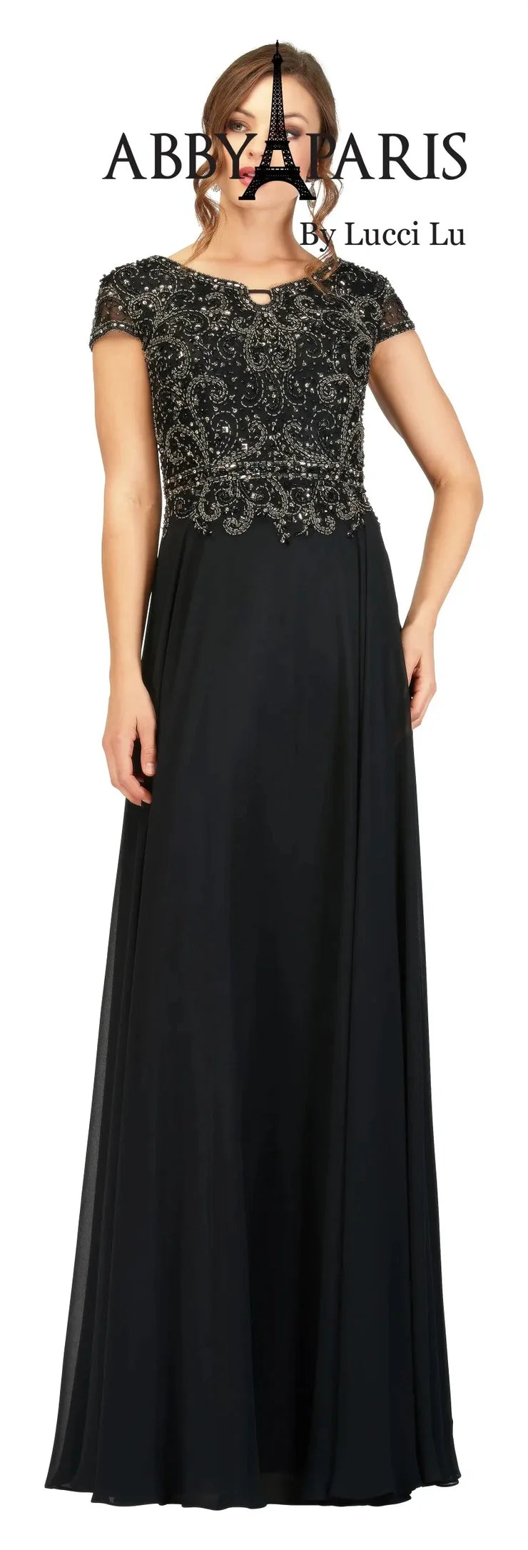 Look sophisticated and elegant at your next formal event with the Abby Paris 95091 A-Line Gown. Crafted from beautiful chiffon fabric, this knee-length dress features an embellished bodice and short sleeves for a polished look. Enjoy superior comfort and a flattering fit at your MOB or formal event.