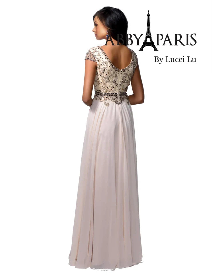 Look sophisticated and elegant at your next formal event with the Abby Paris 95091 A-Line Gown. Crafted from beautiful chiffon fabric, this knee-length dress features an embellished bodice and short sleeves for a polished look. Enjoy superior comfort and a flattering fit at your MOB or formal event.