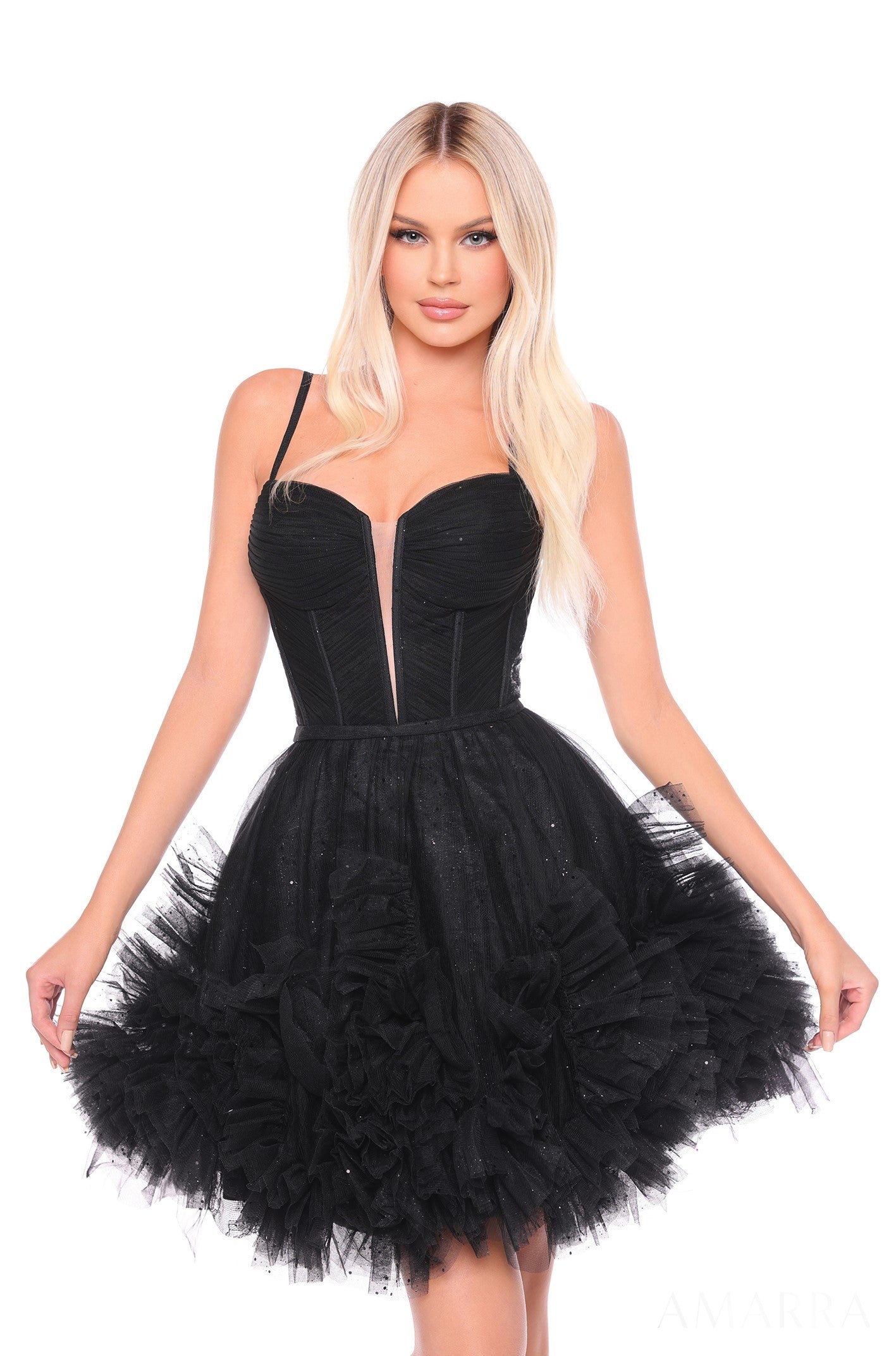 Amarra 88677 Short Ruffle A Line Tulle Sheer Corset Cocktail Dress Homecoming Gown