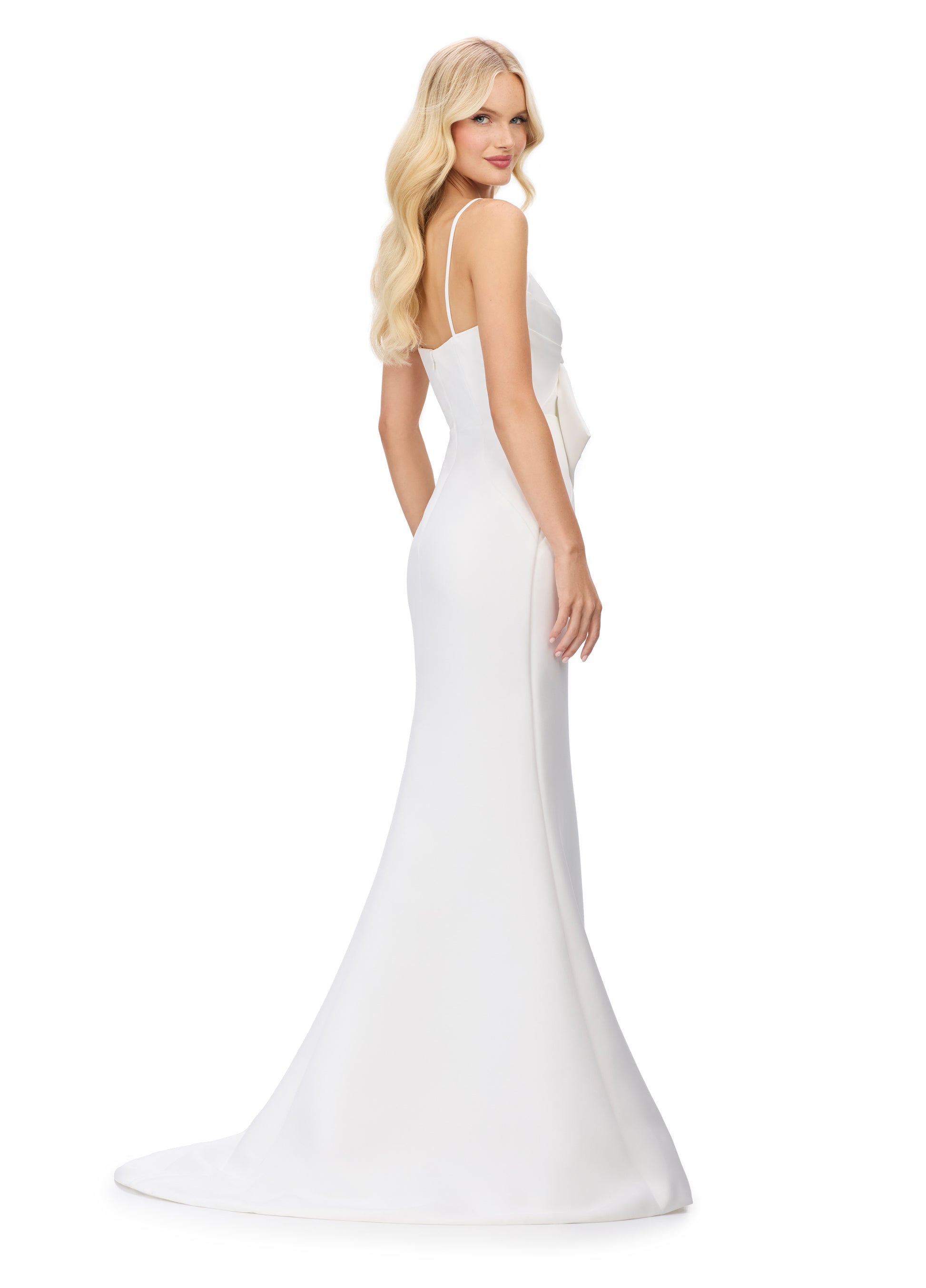 This Ashley Lauren 11702 evening gown boasts a striking large bow, spaghetti straps, and a flattering fit and flare silhouette. The bow bodice adds a touch of elegance, while the V neckline highlights your décolletage. Perfect for formal events and special occasions, this gown is sure to turn heads.