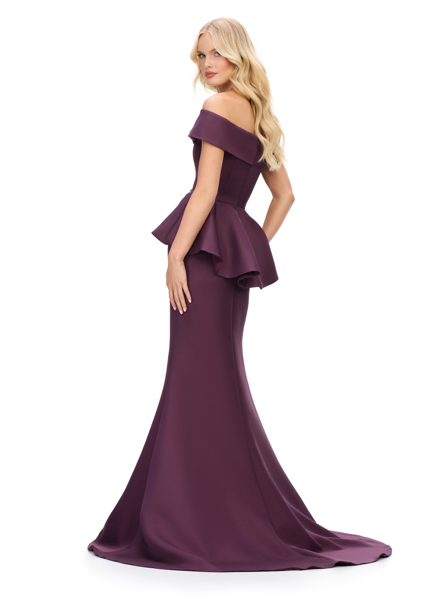 Ashley Lauren 11710 Off The Shoulder Evening Gown. Featuring a flattering V neckline and peplum waist, this long fit and flare dress brings elegance to any occasion. Its off the shoulder design adds a touch of romance while accentuating your figure. Elevate your evening style with this stunning dress.  Colors:&nbsp; Navy, Blush, Wine