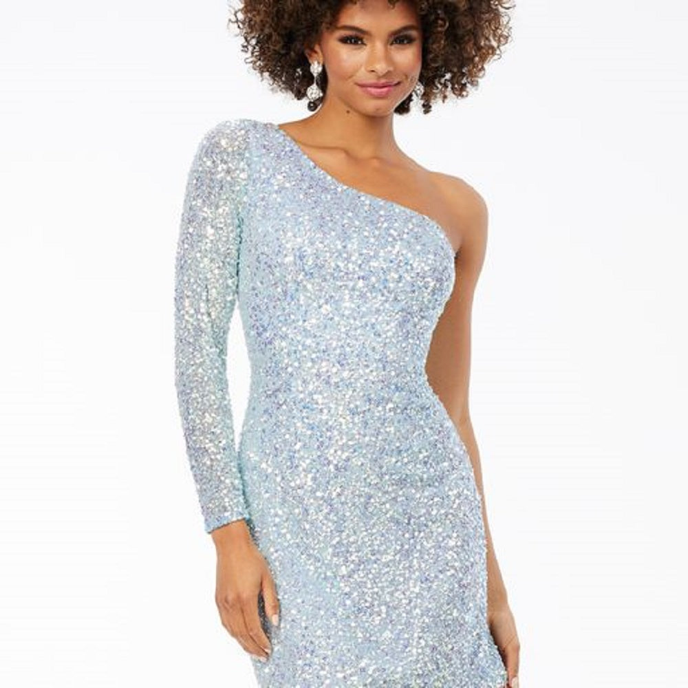 Ashley Lauren 4457 Cocktail Dress.&nbsp; This is a perfect homecoming or pageant dress, pick your color.&nbsp; The fitted dress is fully hand beaded sequins with one shoulder neckline and a sheer beaded long sleeve. Colors: AB/Sky  Sizes:&nbsp; 00, 2