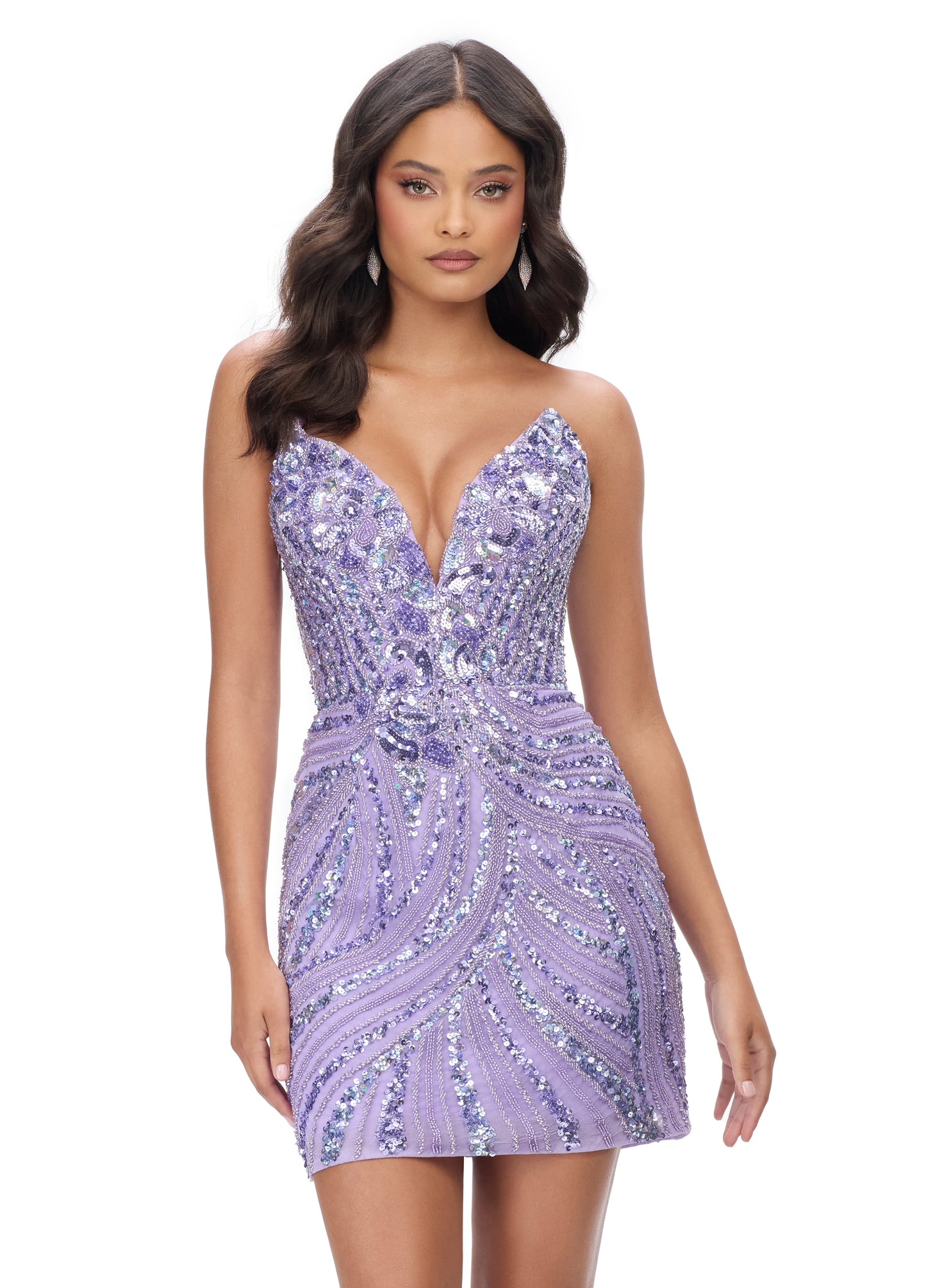 Ashley Lauren 4500 Lilac This knockout Short cocktail dress features a plunging V neckline and back and is made of sequins.&nbsp; It has a beautiful multi colored sequin pattern that makes this dress stand out.  Perfect for homecoming.