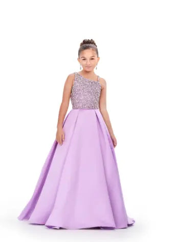 Ashley Lauren 8153 Kids lilac pageant dress girls pleated heavy satin long ballgown dress crystal embellished bodice front