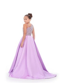 Ashley Lauren 8153 Kids lilac pageant dress girls pleated heavy satin long ballgown dress crystal embellished bodice back