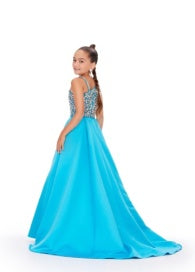 Ashley Lauren 8153 Kids turquoise pageant dress girls pleated heavy satin long ballgown dress crystal embellished bodice back