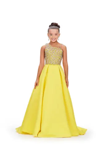 Ashley Lauren 8153 Kids yellow pageant dress girls pleated heavy satin long ballgown dress crystal embellished bodice front