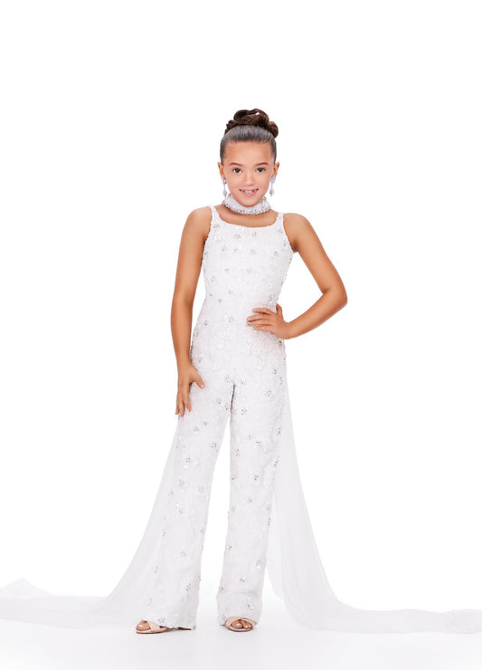 Ashley Lauren Kids 8190 Size 6 Ivory  Beaded Choker Chiffon Cape Jumpsuit Girls Pageant