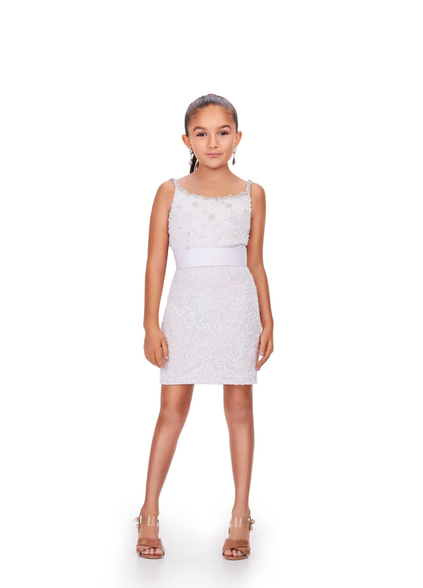 Ashley Lauren Kids 8230 Girls Cocktail Dress Fully Beaded Oversized Removable Bow Fitted Skirt Spaghetti Strap Cocktail Dress