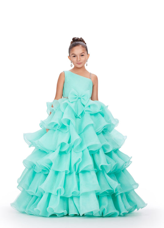 Ashley Lauren Kids 8217 Size 12 Aqua Long Ruffle Layer Girls Pageant Ballgown Bow Crystal Belt Gown