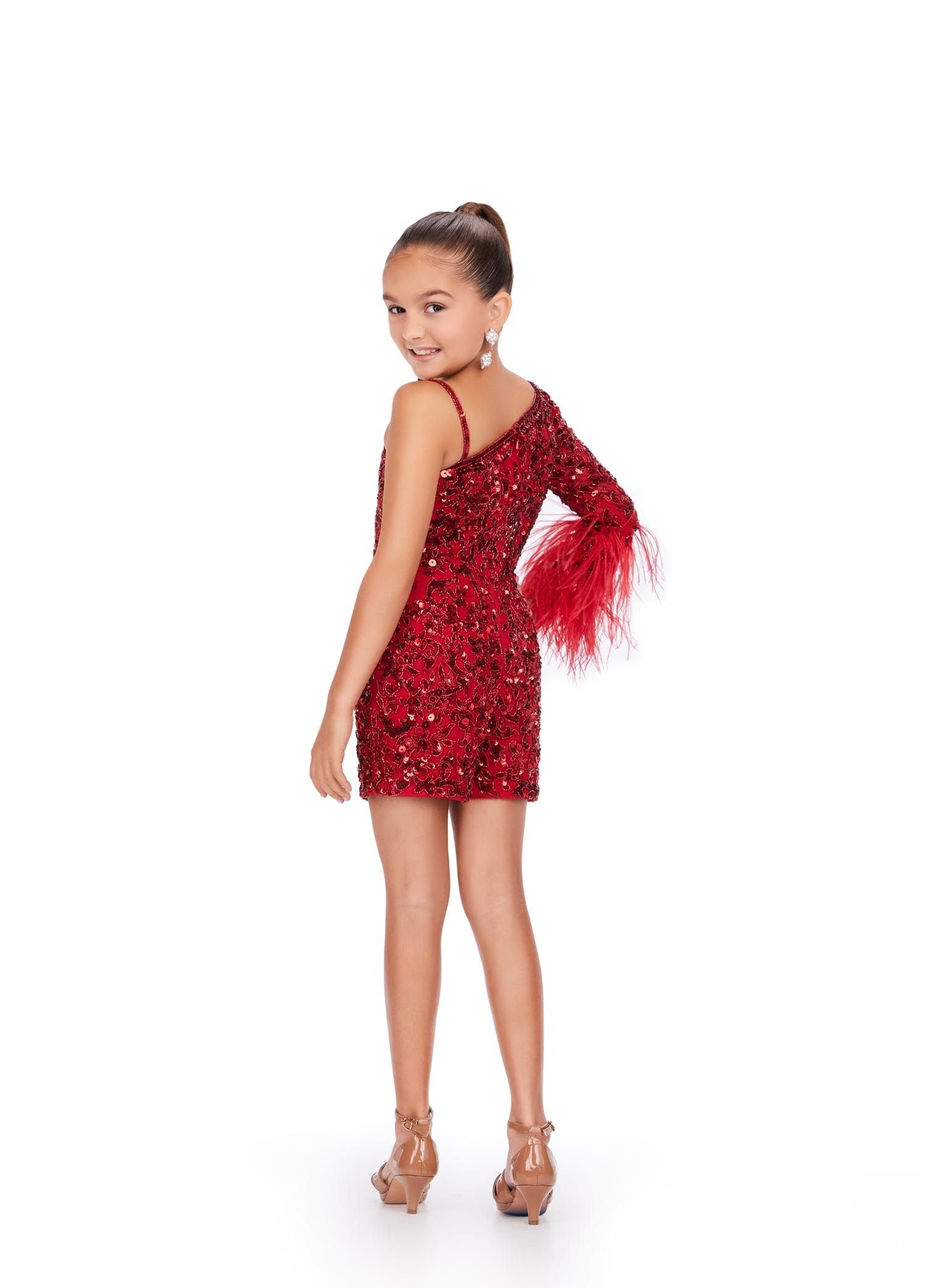 Ashley Lauren Kids 8192 Red Girls Pageant Romper One Shoulder Long Sleeve With Feather Detail Fully Beaded Romper