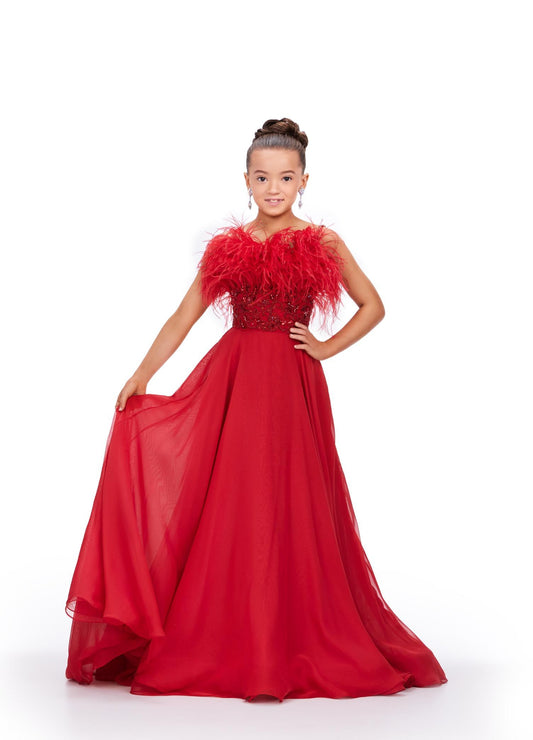 Ashley Lauren Kids 8236 Size 8 Red Long Girls Pageant Dress A Line Chiffon Feather Beaded Ball Gown