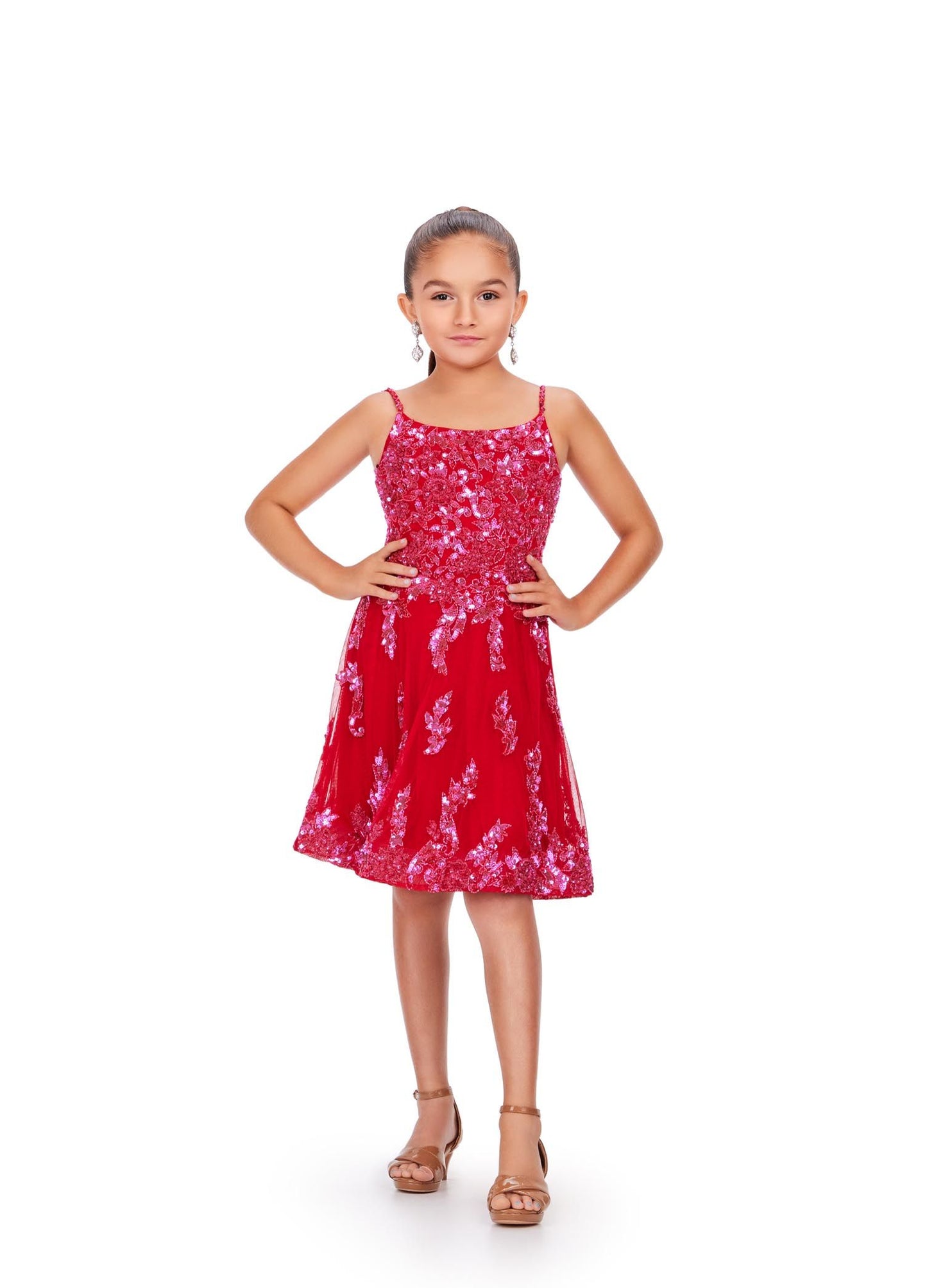 Ashley Lauren Kids 8228 Fully Beaded A-Line Open Cross Back Spaghetti Strap Lace Cocktail Dress