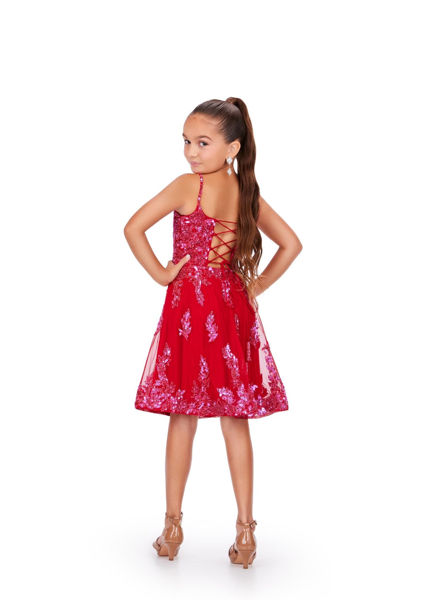 Ashley Lauren Kids 8228 Fully Beaded A-Line Open Cross Back Spaghetti Strap Lace Cocktail Dress