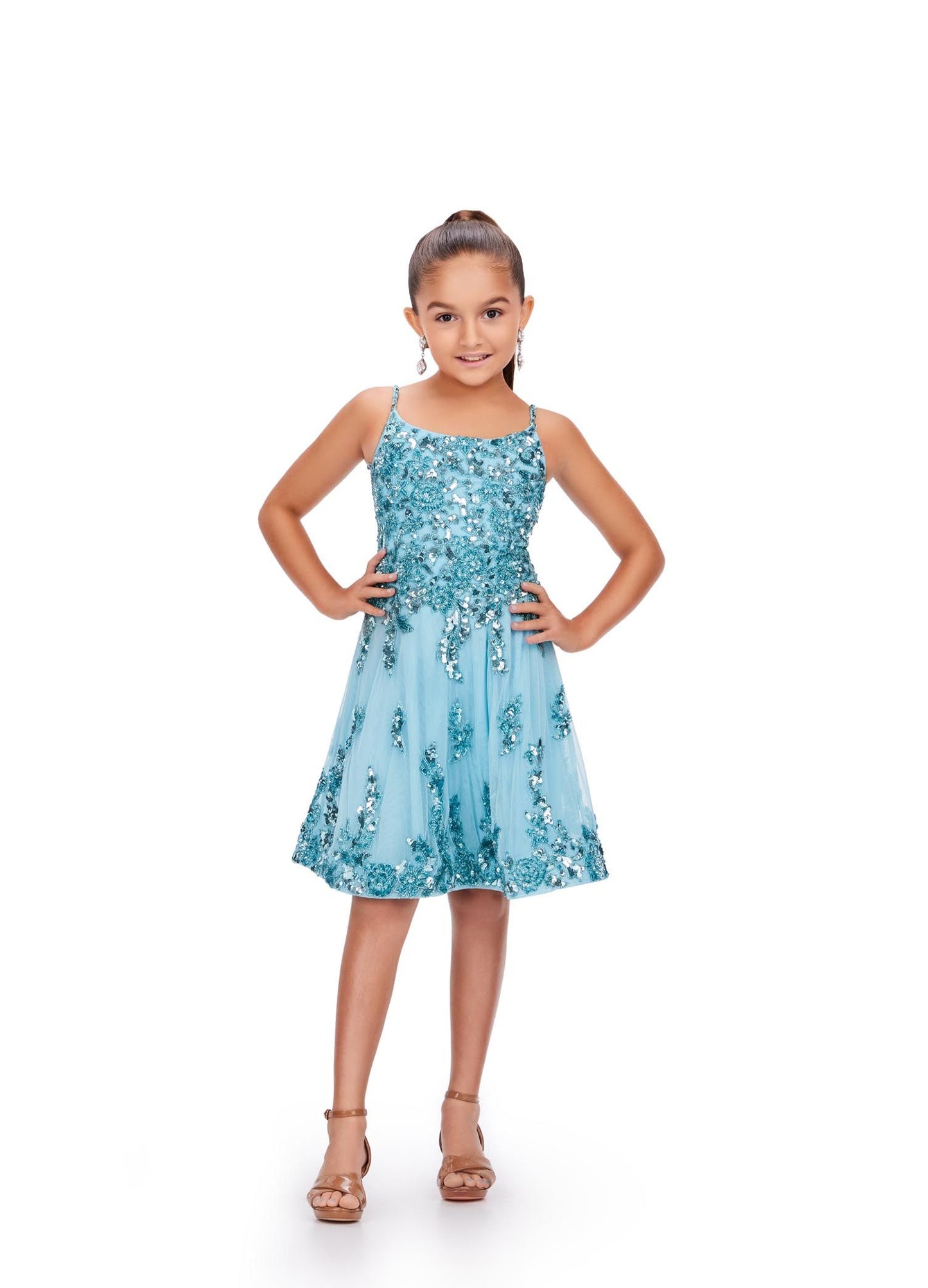 Ashley Lauren Kids 8228 Fully Beaded A-Line Open Cross Back Spaghetti Strap Lace Cocktail Dress