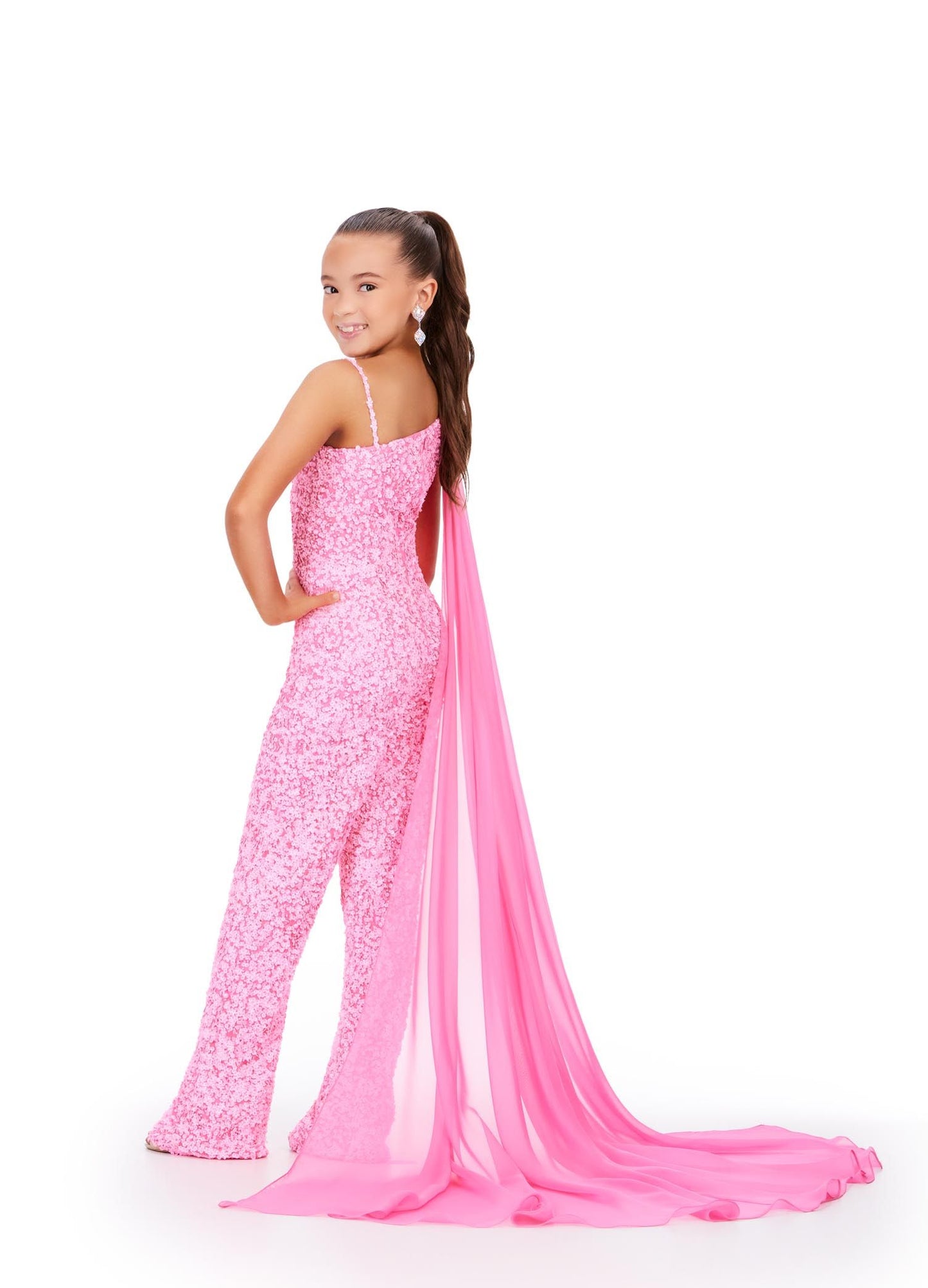 Ashley Lauren Kids 8191 Size 10 Candy Pink Girls Beaded Jumpsuit cape Sequin One Shoulder Pageant Wear