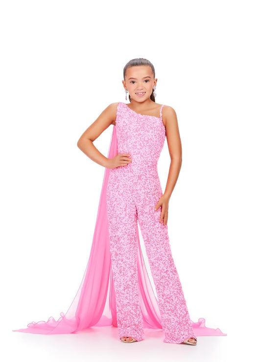 Ashley Lauren Kids 8191 Size 10 Candy Pink Girls Beaded Jumpsuit cape Sequin One Shoulder Pageant Wear